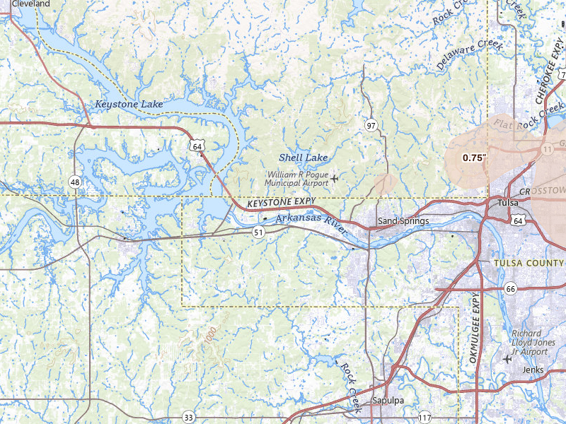 Radar-estimated hail-size map of the storm over Sand Springs, OK on Jul 11, 2026