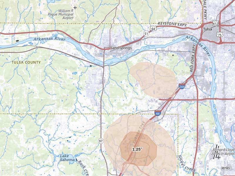 Radar-estimated hail-size map of the storm over Sand Springs, OK on Aug 20, 2026