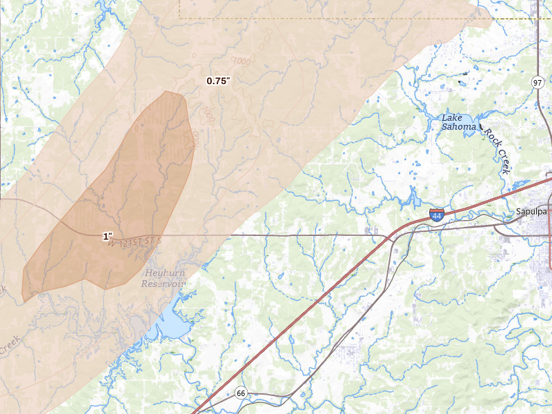 Radar-estimated hail-size map of the storm over Sapulpa, OK on Mar 6, 2026