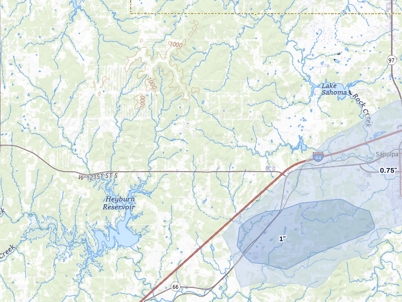 NEXRAD radar-signature map of the hail over Sapulpa, OK
