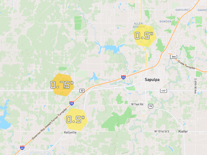 Hail map of Sapulpa, OK on Jun 2, 2026, hail up to 0.75"