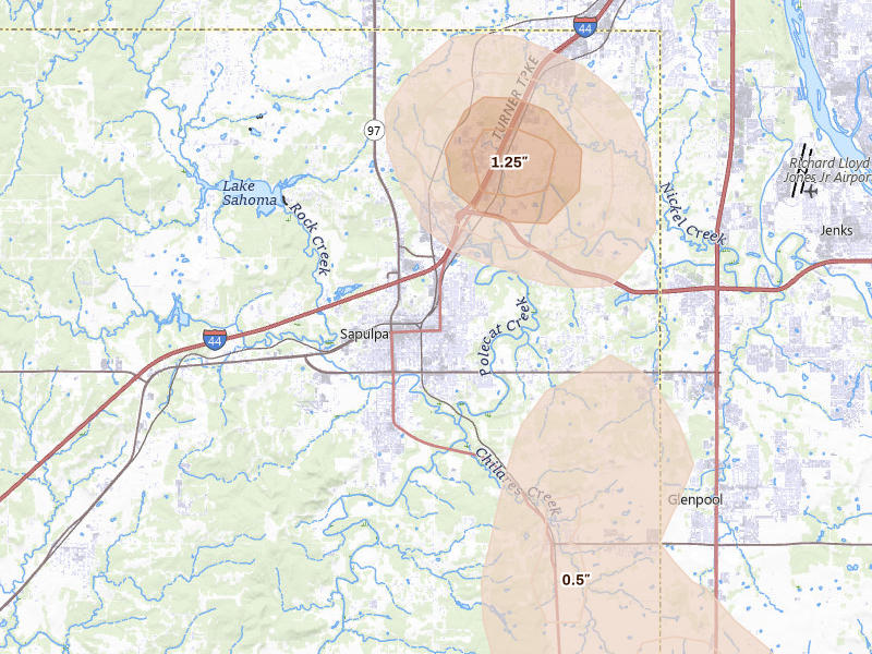 Radar-estimated hail-size map of the storm over Sapulpa, OK on Aug 20, 2026