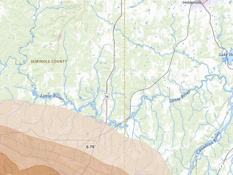 Radar-estimated hail-size map of the storm over Sasakwa, OK on Apr 24, 2026