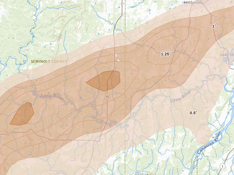Radar-estimated hail-size map of the storm over Sasakwa, OK on Apr 28, 2026