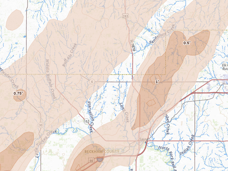 Radar-estimated hail-size map of the storm over Sayre, OK on Mar 5, 2026