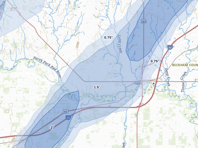 NEXRAD radar-signature map of the hail storm over Sayre, OK on Mar 5, 2026