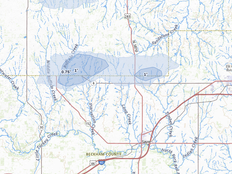 NEXRAD radar-signature map of the hail over Sayre, OK