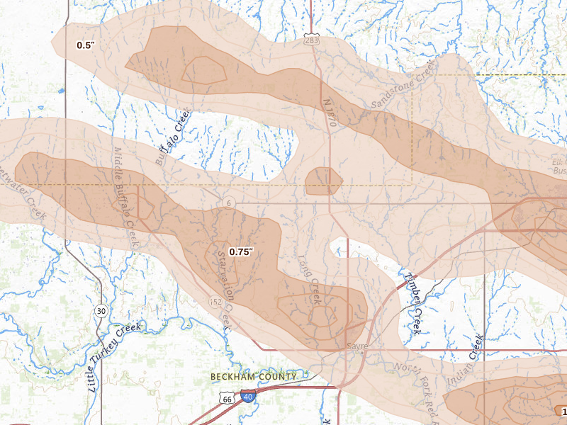 Radar-estimated hail-size map of the storm over Sayre, OK on May 9, 2026