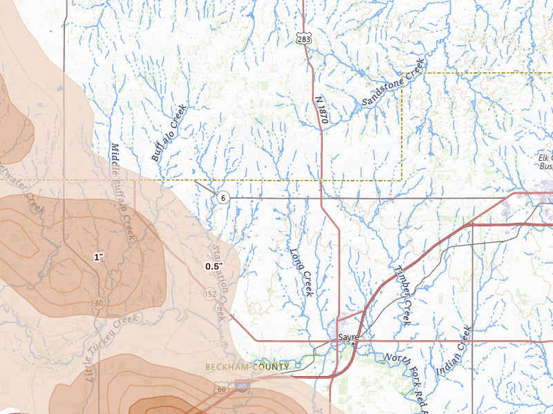 Radar-estimated hail-size map of the storm over Sayre, OK on Jun 25, 2026