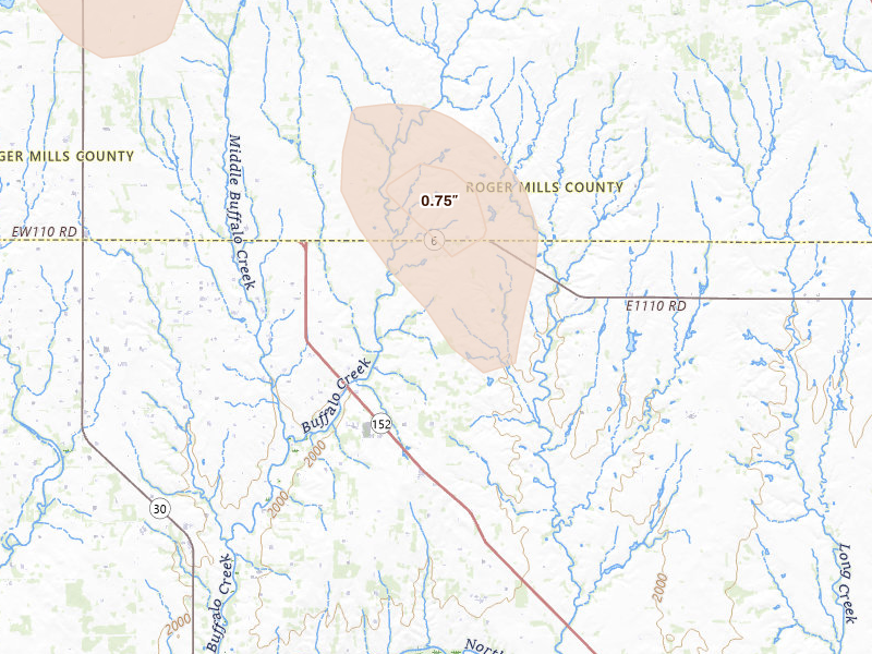 Radar-estimated hail-size map of the storm over Sayre, OK on Aug 26, 2026