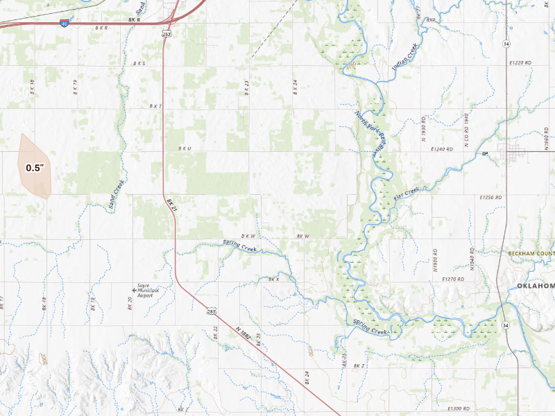 Radar-estimated hail-size map of the storm over Sayre, OK on Aug 27, 2026