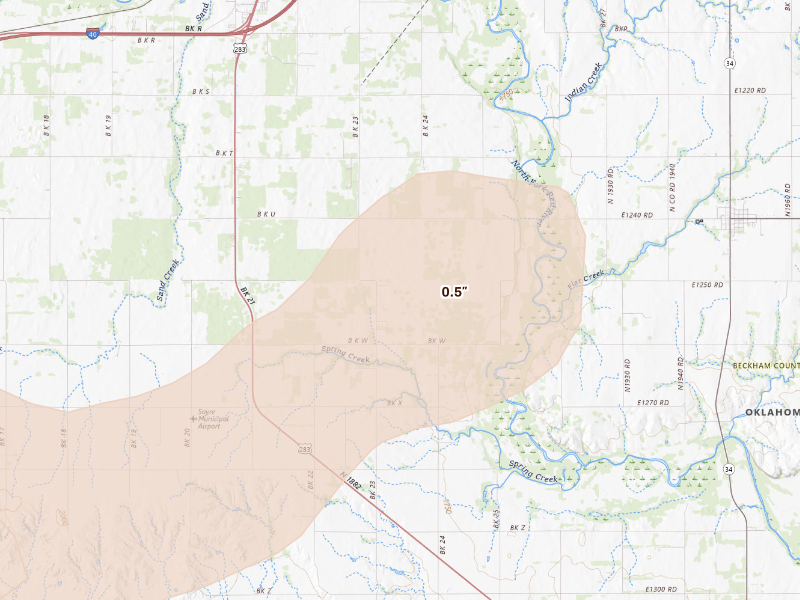 Radar-estimated hail-size map of the storm over Sayre, OK