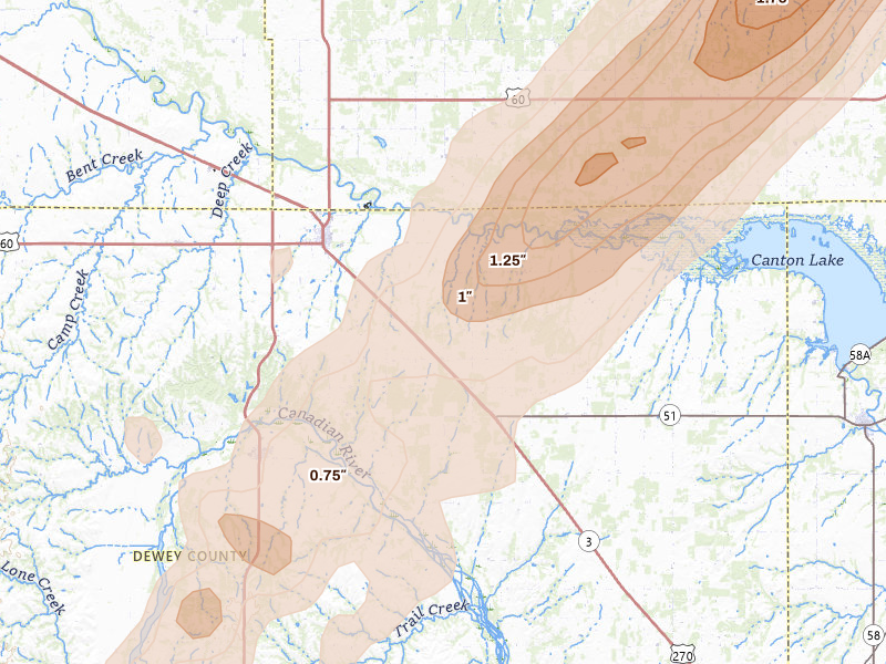 Radar-estimated hail-size map of the storm over Seiling, OK on Mar 5, 2026