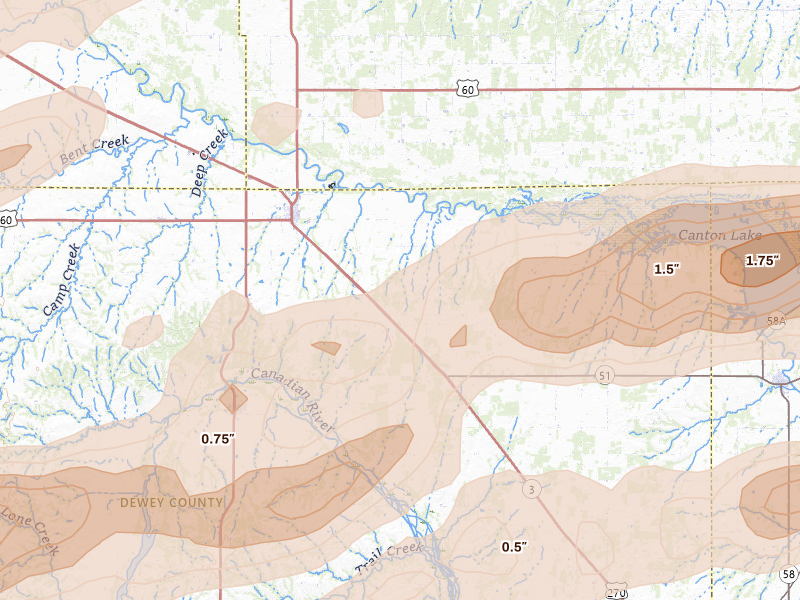 Radar-estimated hail-size map of the storm over Seiling, OK on Apr 17, 2026