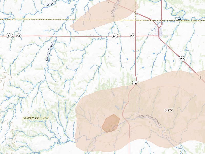 Radar-estimated hail-size map of the storm over Seiling, OK on May 31, 2026