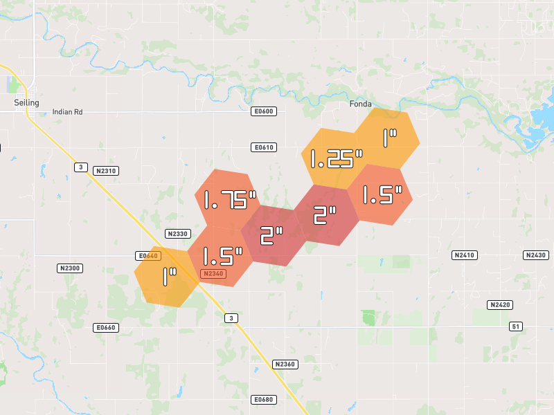 Hail map of Seiling, OK on Jun 26, 2026, hail up to 2"