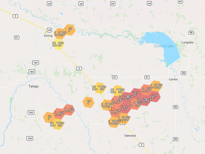 Hail map of Seiling, OK on Jun 27, 2026, hail up to 2.25"