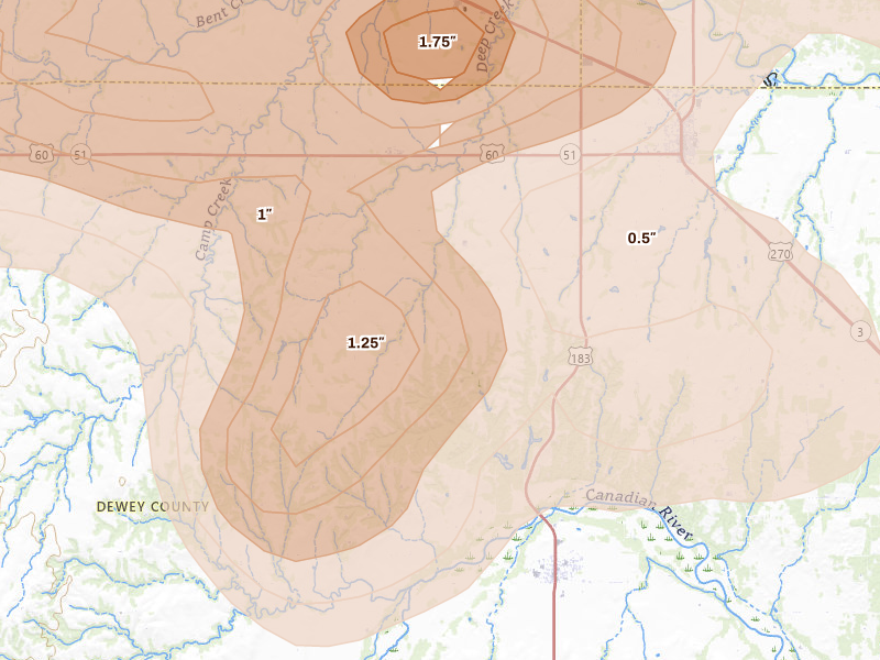 Radar-estimated hail-size map of the storm over Seiling, OK on Jul 4, 2026