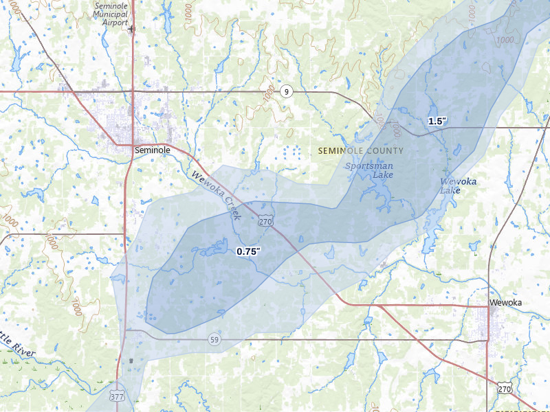 NEXRAD radar-signature map of the hail storm over Seminole, OK on Jan 8, 2026
