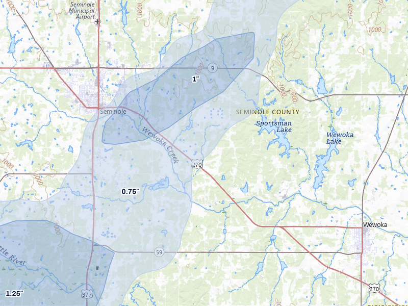 NEXRAD radar-signature map of the hail storm over Seminole, OK on Mar 6, 2026