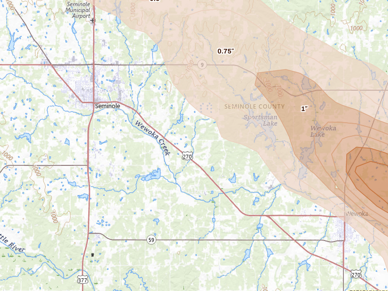 Radar-estimated hail-size map of the storm over Seminole, OK on Apr 24, 2026