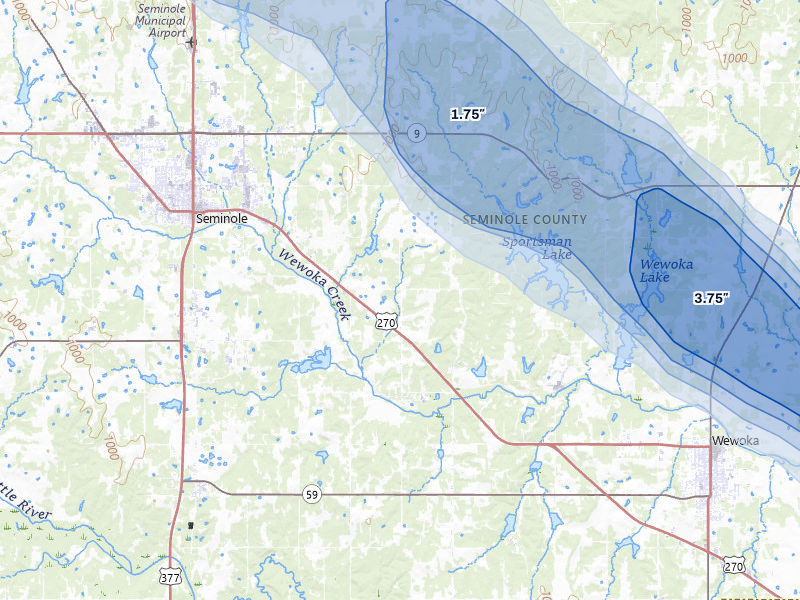 NEXRAD radar-signature map of the hail storm over Seminole, OK on Apr 24, 2026