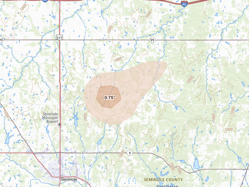 Radar-estimated hail-size map of the storm over Seminole, OK on Aug 7, 2026