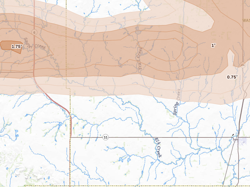 Radar-estimated hail-size map of the storm over Sentinel, OK on May 9, 2026