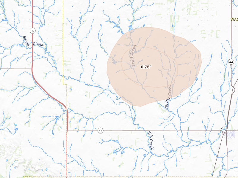 Radar-estimated hail-size map of the storm over Sentinel, OK on Jun 18, 2026
