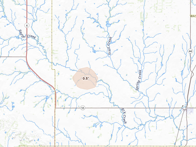 Radar-estimated hail-size map of the storm over Sentinel, OK on Jun 25, 2026