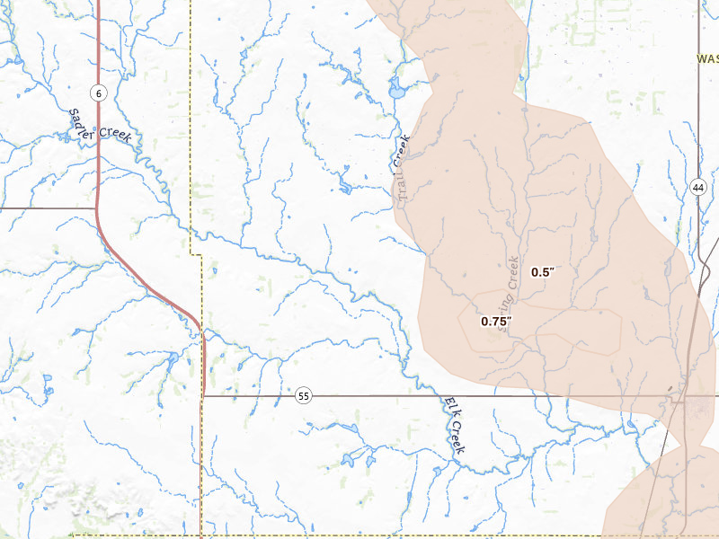 Radar-estimated hail-size map of the storm over Sentinel, OK on Jul 4, 2026