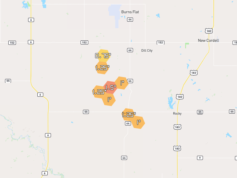 Hail map of Sentinel, OK on Jul 5, 2026, hail up to 1.5"