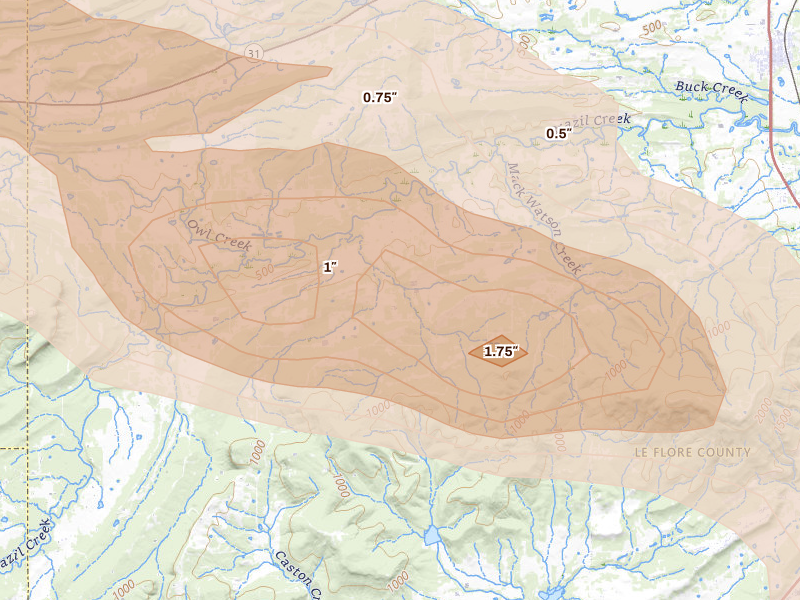 Radar-estimated hail-size map of the storm over Shady Point, OK on Apr 24, 2026