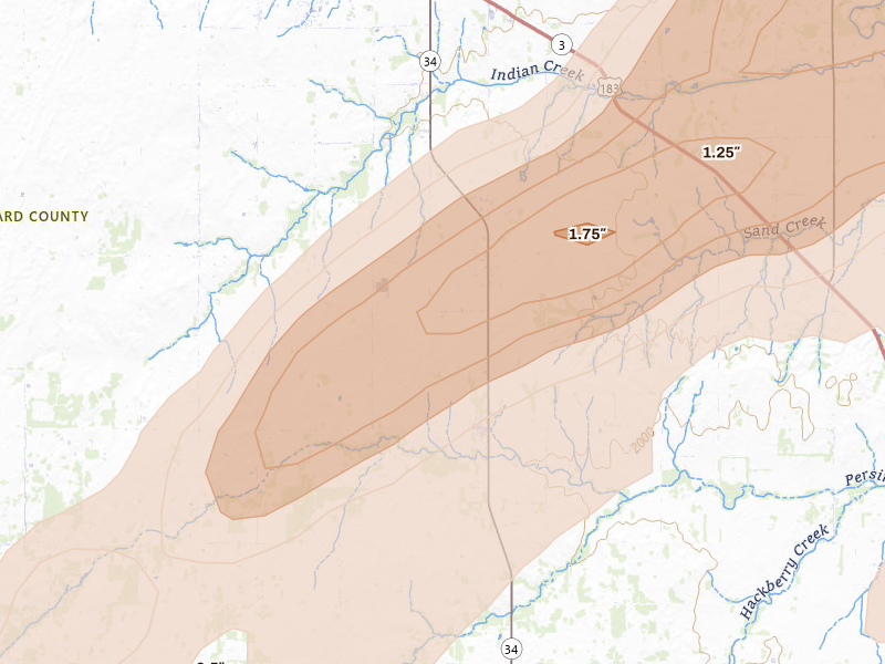 Radar-estimated hail-size map of the storm over Sharon, OK on Apr 17, 2026