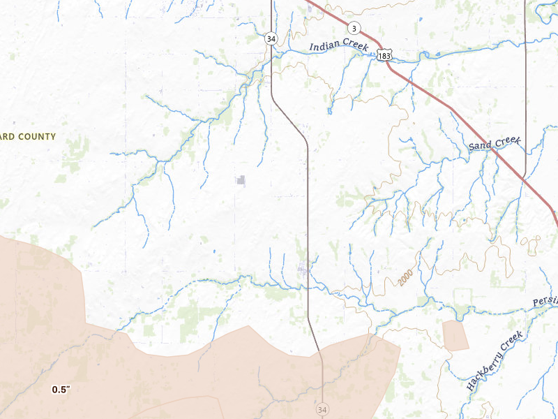 Radar-estimated hail-size map of the storm over Sharon, OK on May 9, 2026