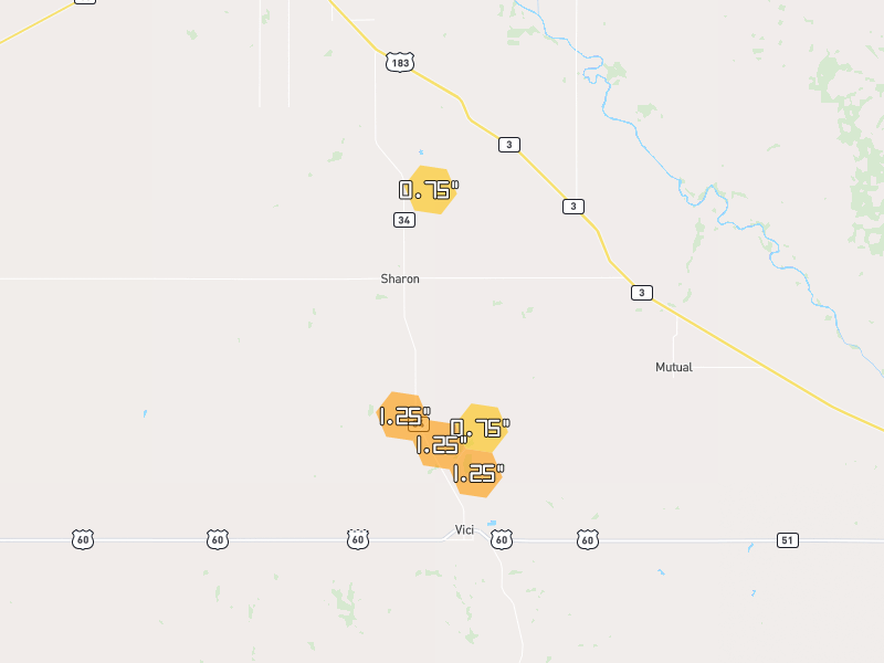 Hail map of Sharon, OK on Jun 3, 2026, hail up to 1.25"