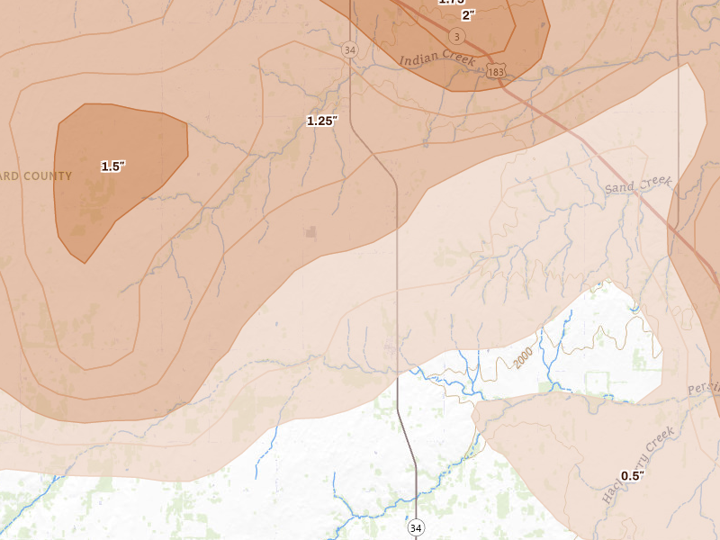 Radar-estimated hail-size map of the storm over Sharon, OK on Jul 4, 2026