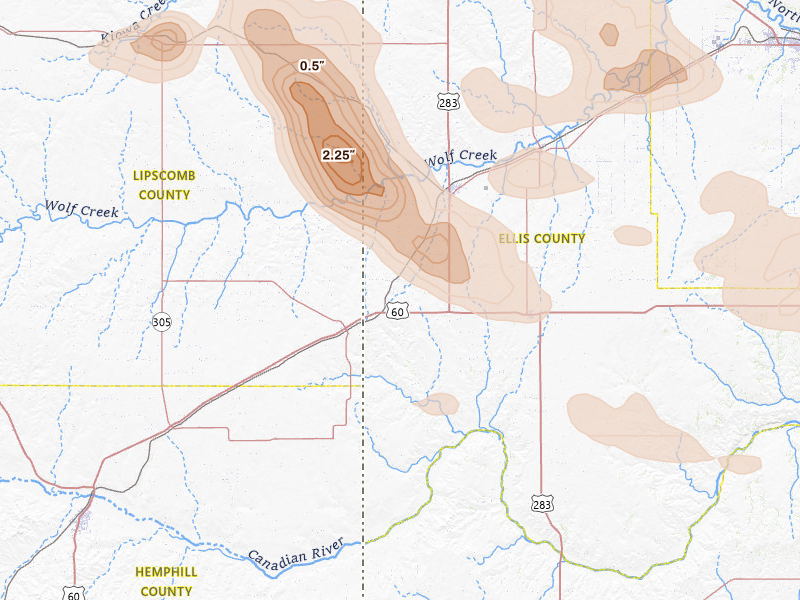 Radar-estimated hail-size map of the storm over Shattuck, OK on May 9, 2026