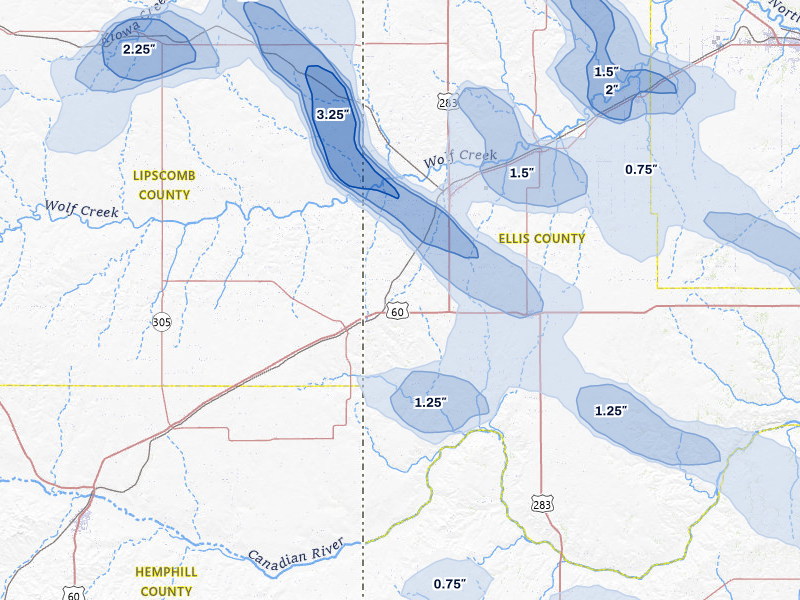NEXRAD radar-signature map of the hail over Shattuck, OK