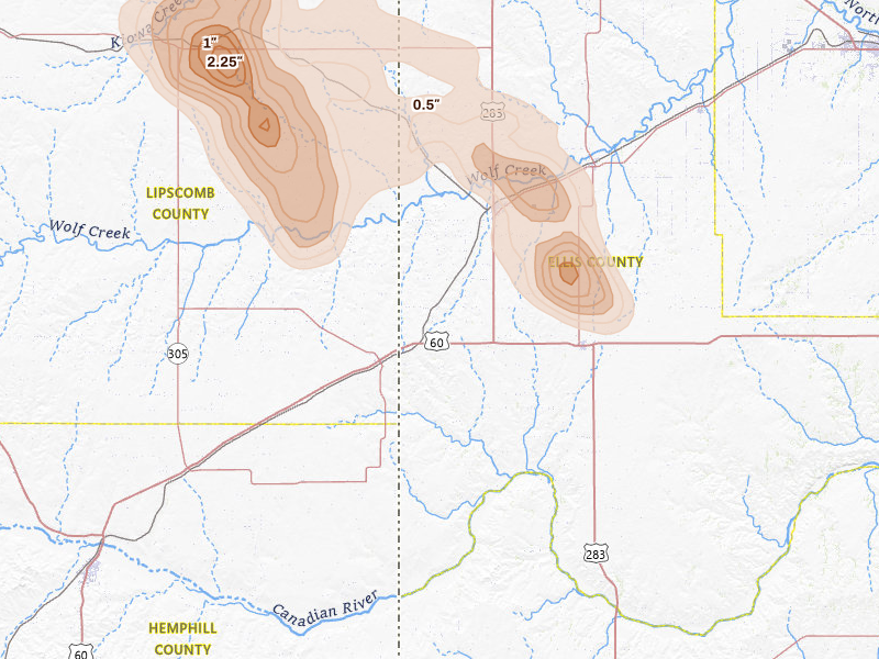 Radar-estimated hail-size map of the storm over Shattuck, OK on Jun 22, 2026