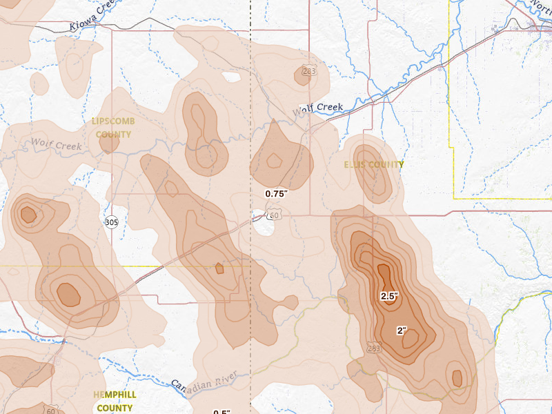 Radar-estimated hail-size map of the storm over Shattuck, OK on Jun 23, 2026