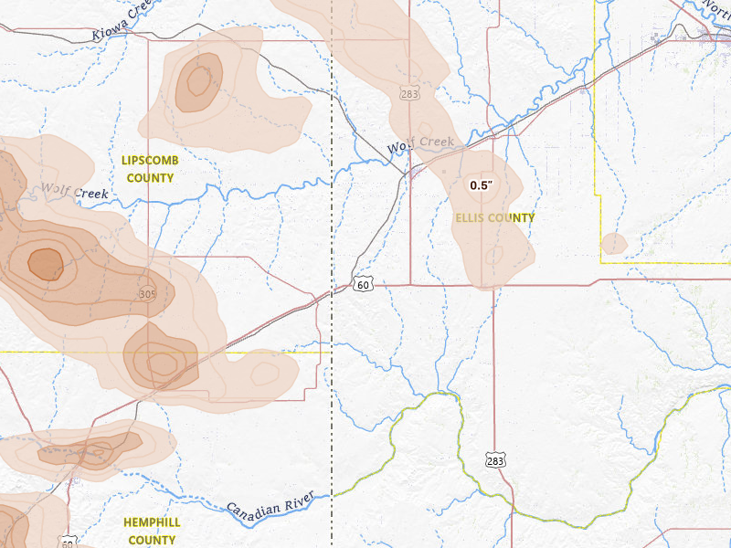 Radar-estimated hail-size map of the storm over Shattuck, OK on Jun 25, 2026