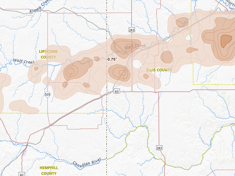 Radar-estimated hail-size map of the storm over Shattuck, OK on Jul 4, 2026