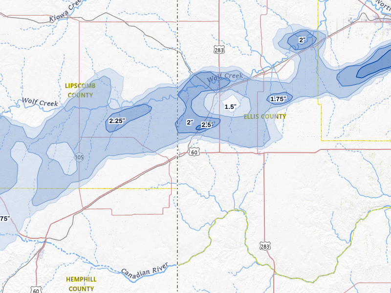 NEXRAD radar-signature map of the hail over Shattuck, OK
