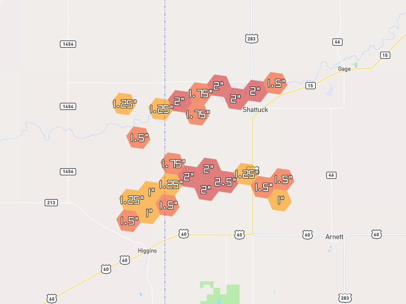 Hail map of Shattuck, OK on Jul 4, 2026, hail up to 2.5"
