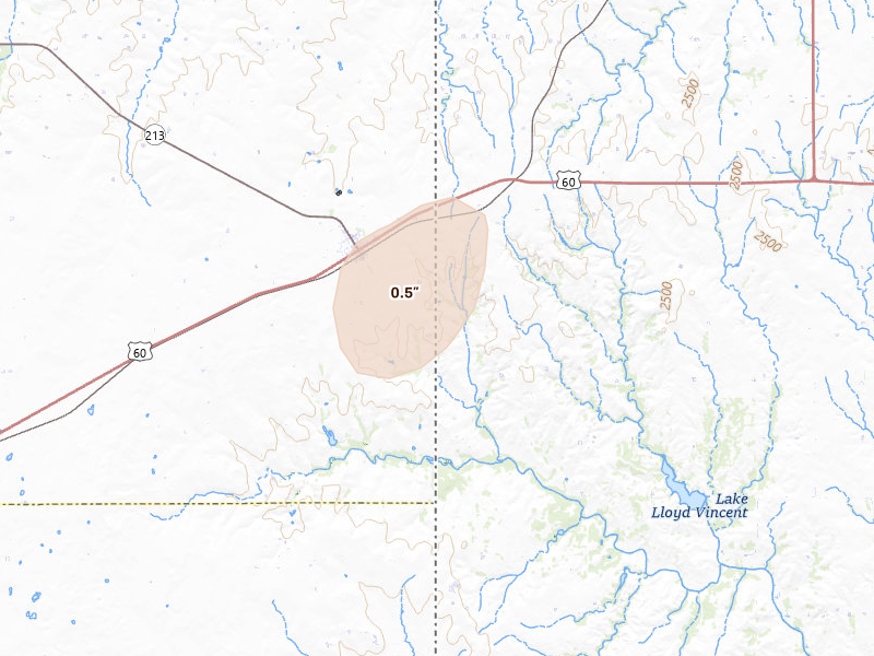 Radar-estimated hail-size map of the storm over Shattuck, OK on Aug 14, 2026