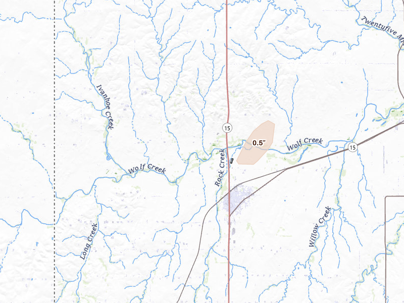 Radar-estimated hail-size map of the storm over Shattuck, OK on Aug 16, 2026