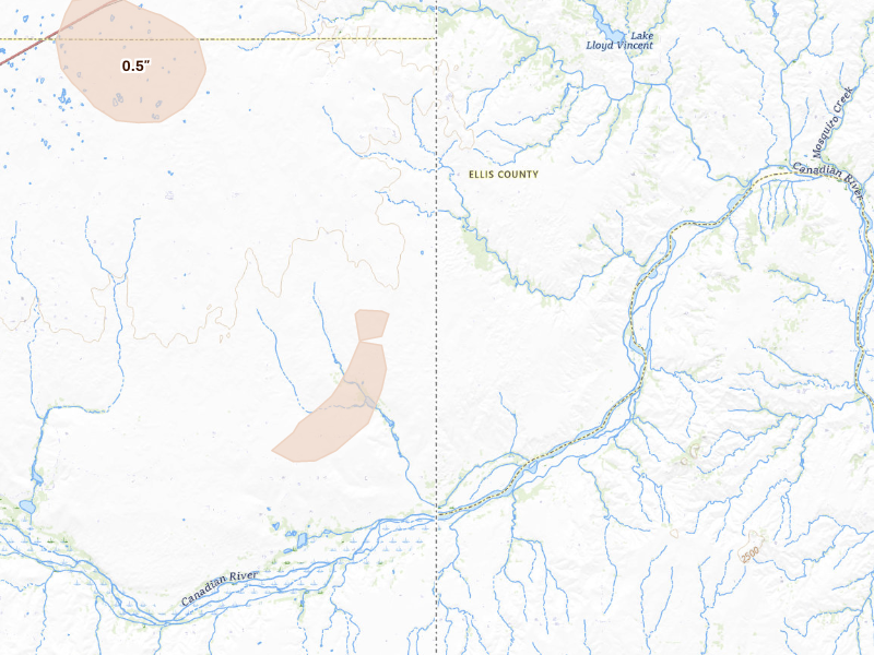 Radar-estimated hail-size map of the storm over Shattuck, OK on Sep 13, 2026