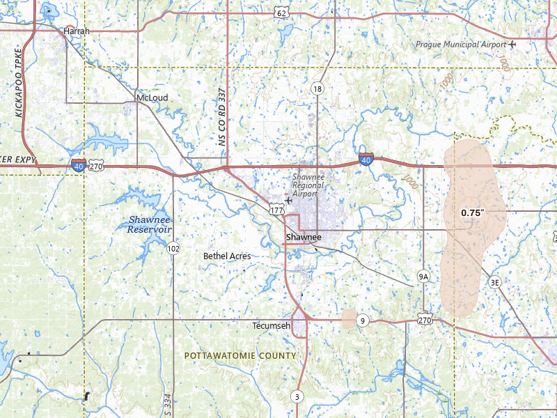 Radar-estimated hail-size map of the storm over Shawnee, OK on Apr 10, 2026