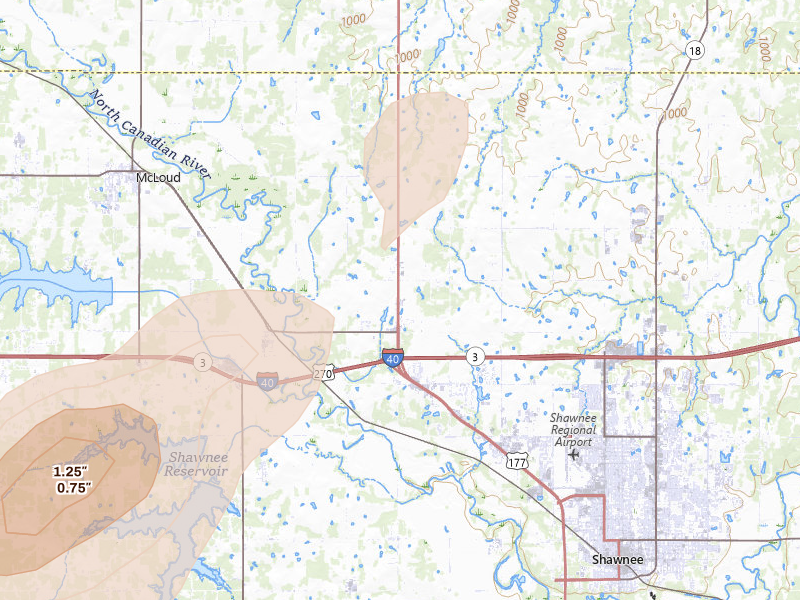 Radar-estimated hail-size map of the storm over Shawnee, OK on Apr 28, 2026